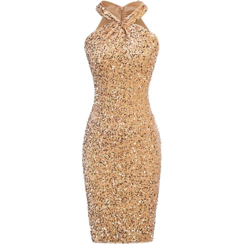 imageGRACE KARIN Sequin Dress for Women Sleeveless Sparkly Glitter Halter Dress Bodycon Mini Club Dresses 2025Gold