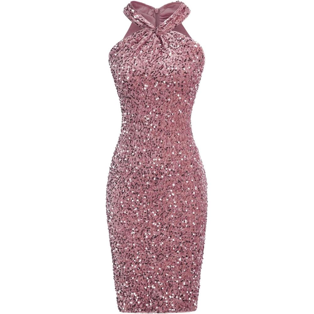imageGRACE KARIN Sequin Dress for Women Sleeveless Sparkly Glitter Halter Dress Bodycon Mini Club Dresses 2025Gray Pink