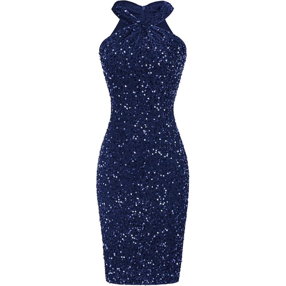 imageGRACE KARIN Sequin Dress for Women Sleeveless Sparkly Glitter Halter Dress Bodycon Mini Club Dresses 2025Navy Blue