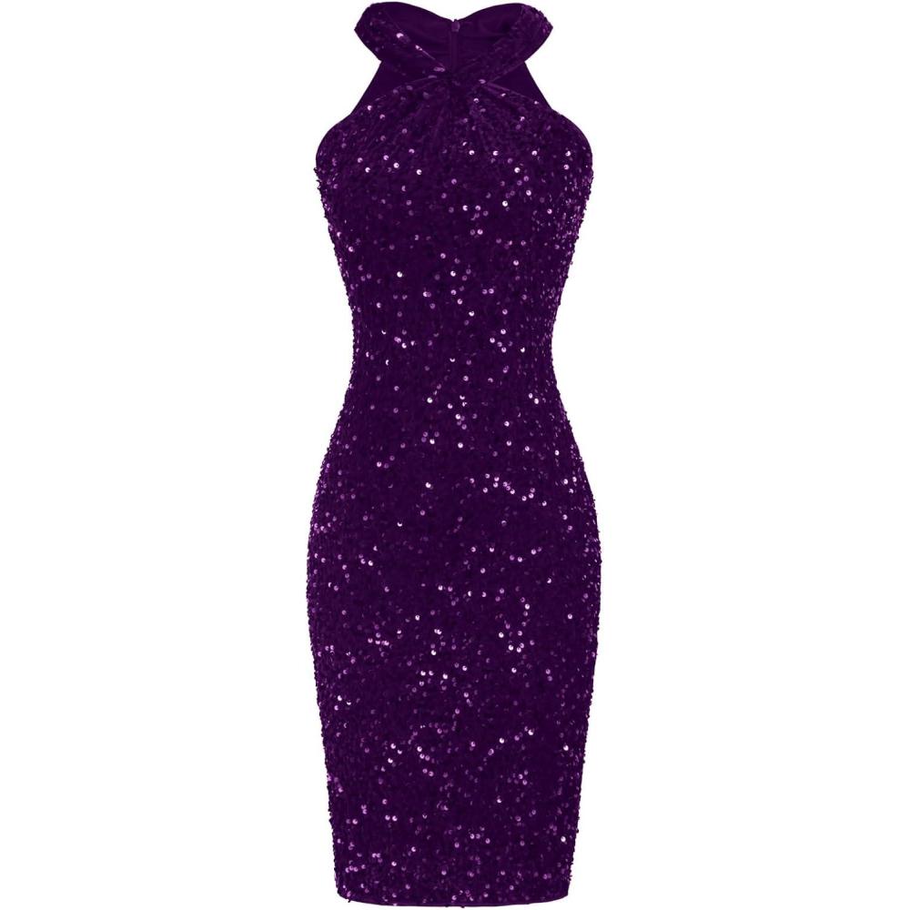 imageGRACE KARIN Sequin Dress for Women Sleeveless Sparkly Glitter Halter Dress Bodycon Mini Club Dresses 2025Purple