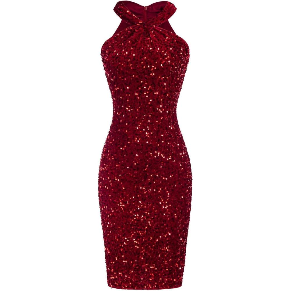 imageGRACE KARIN Sequin Dress for Women Sleeveless Sparkly Glitter Halter Dress Bodycon Mini Club Dresses 2025Red