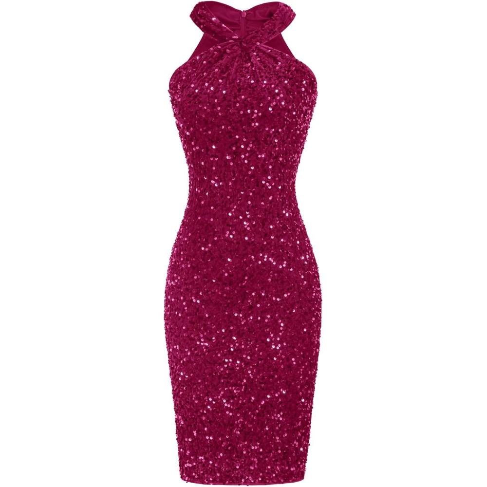 imageGRACE KARIN Sequin Dress for Women Sleeveless Sparkly Glitter Halter Dress Bodycon Mini Club Dresses 2025Rose Red
