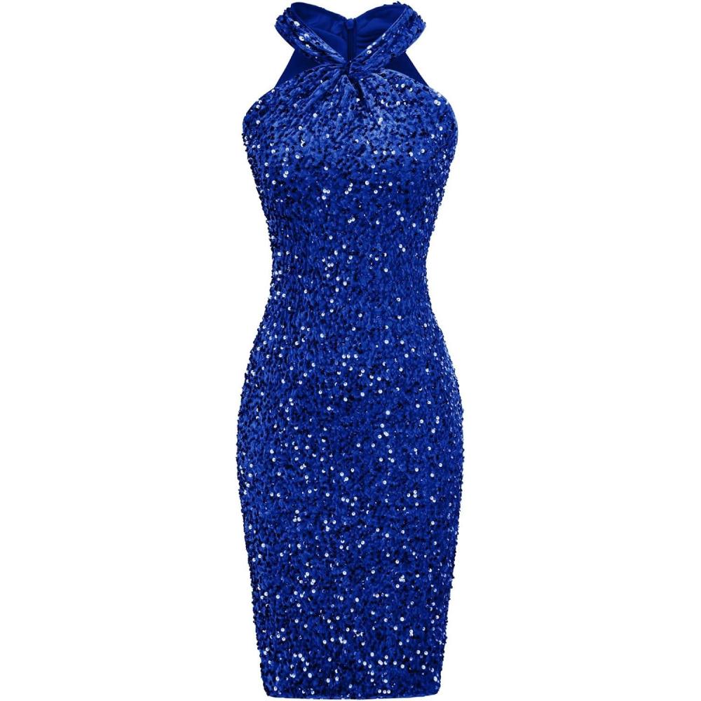 imageGRACE KARIN Sequin Dress for Women Sleeveless Sparkly Glitter Halter Dress Bodycon Mini Club Dresses 2025Royal Blue
