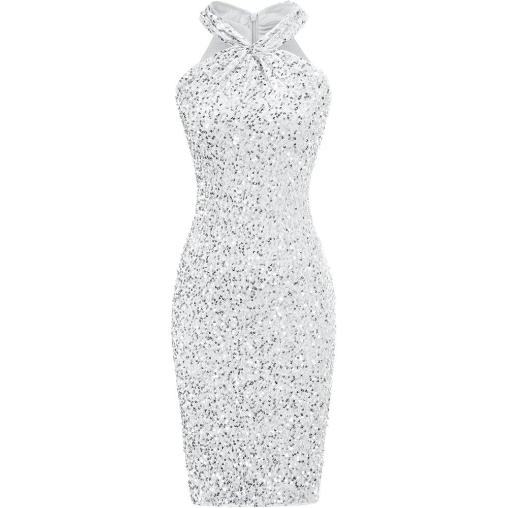 imageGRACE KARIN Sequin Dress for Women Sleeveless Sparkly Glitter Halter Dress Bodycon Mini Club Dresses 2025Silver