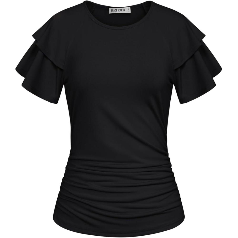 imageGRACE KARIN Summer Tops for Women Dressy Casual Ruffle Short Sleeve Work Shirt 2026 Spring Trendy Ruched Business BlousesBlack