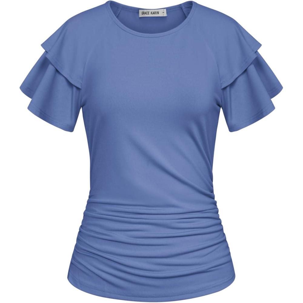 imageGRACE KARIN Summer Tops for Women Dressy Casual Ruffle Short Sleeve Work Shirt 2026 Spring Trendy Ruched Business BlousesBlue