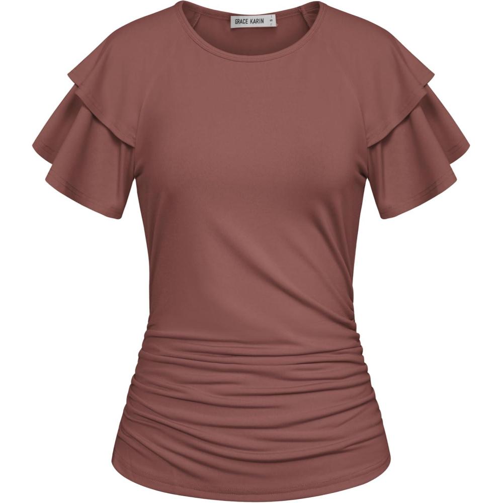 imageGRACE KARIN Summer Tops for Women Dressy Casual Ruffle Short Sleeve Work Shirt 2026 Spring Trendy Ruched Business BlousesChocolate Brown
