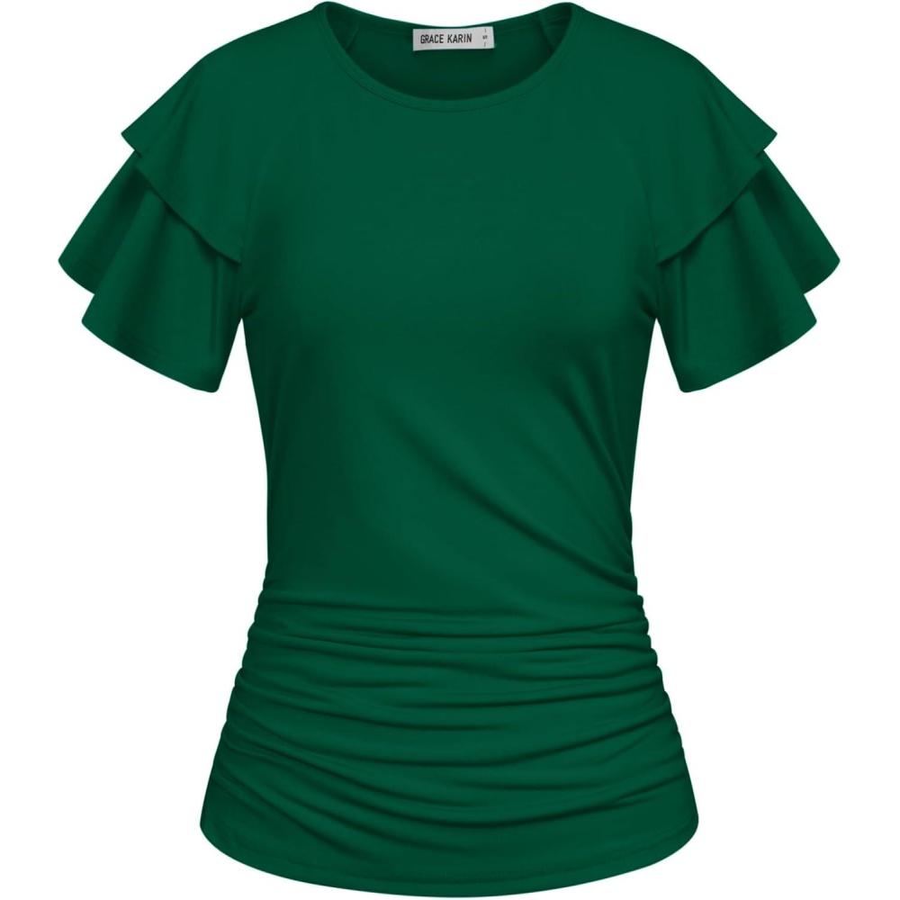 imageGRACE KARIN Summer Tops for Women Dressy Casual Ruffle Short Sleeve Work Shirt 2026 Spring Trendy Ruched Business BlousesDark Green