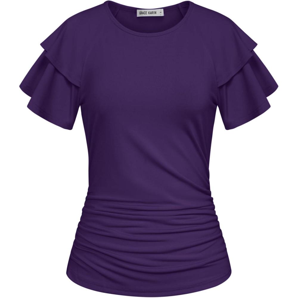 imageGRACE KARIN Summer Tops for Women Dressy Casual Ruffle Short Sleeve Work Shirt 2026 Spring Trendy Ruched Business BlousesDark Purple
