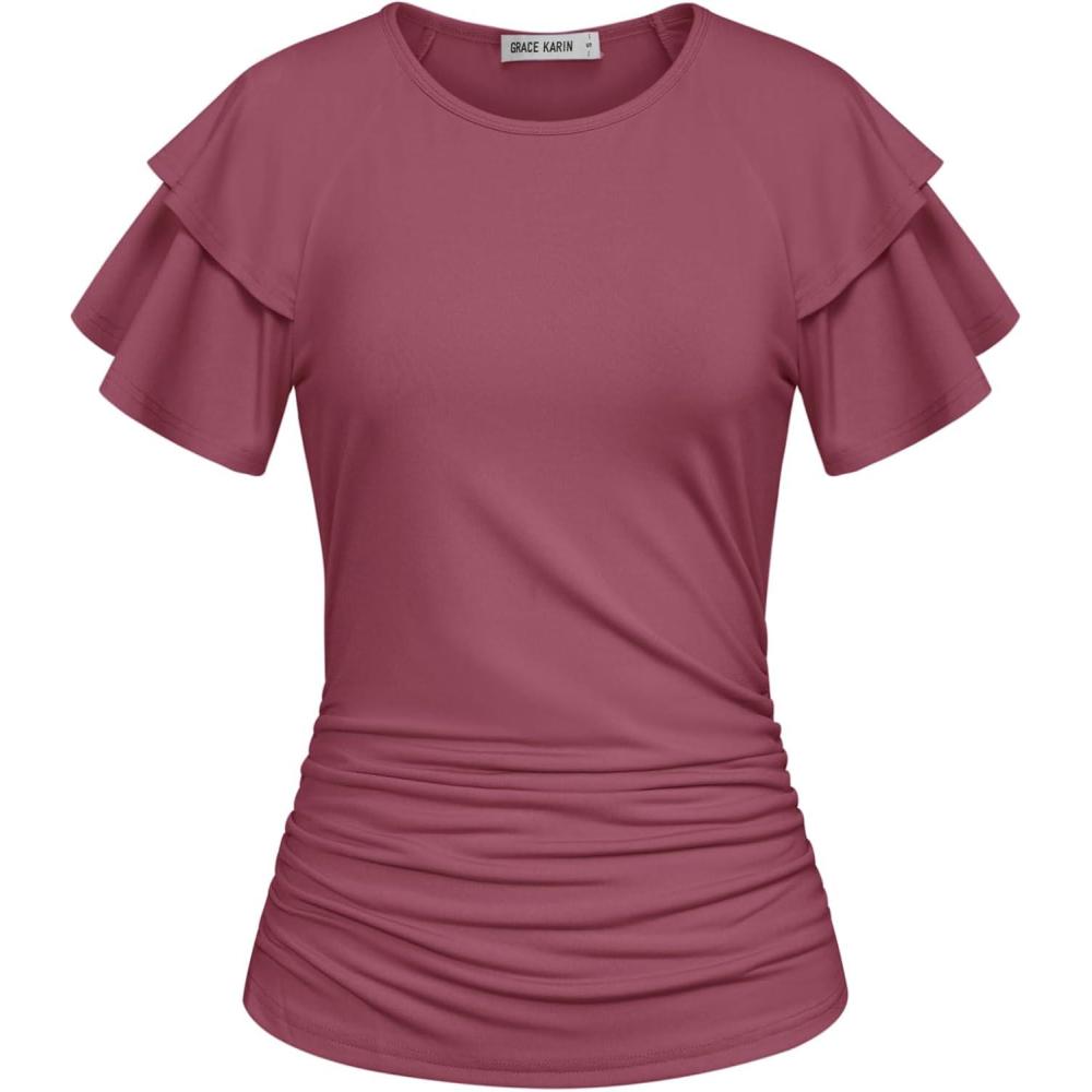 imageGRACE KARIN Summer Tops for Women Dressy Casual Ruffle Short Sleeve Work Shirt 2026 Spring Trendy Ruched Business BlousesFuchsia