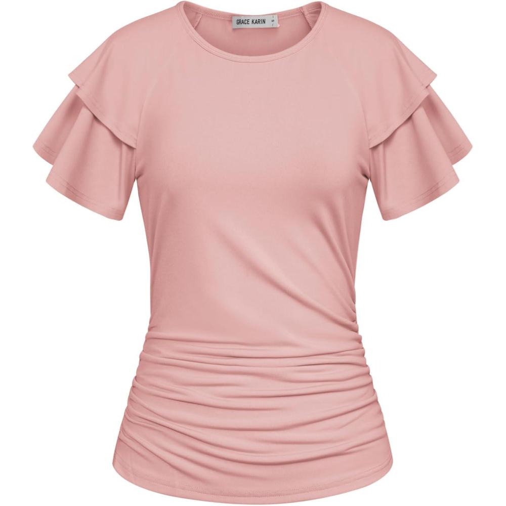 imageGRACE KARIN Summer Tops for Women Dressy Casual Ruffle Short Sleeve Work Shirt 2026 Spring Trendy Ruched Business BlousesLight Pink