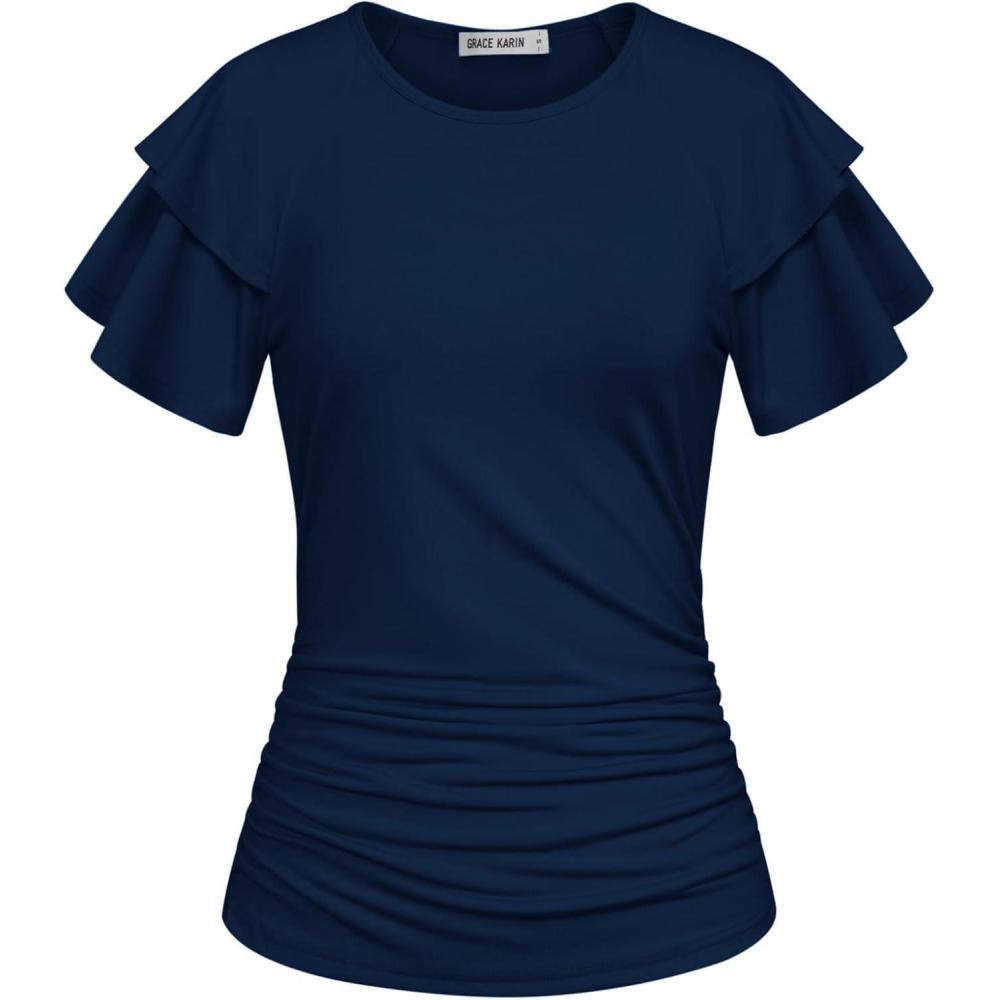 imageGRACE KARIN Summer Tops for Women Dressy Casual Ruffle Short Sleeve Work Shirt 2026 Spring Trendy Ruched Business BlousesNavy Blue