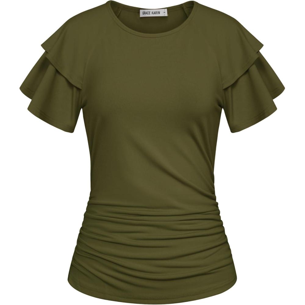 imageGRACE KARIN Summer Tops for Women Dressy Casual Ruffle Short Sleeve Work Shirt 2026 Spring Trendy Ruched Business BlousesOlive Green