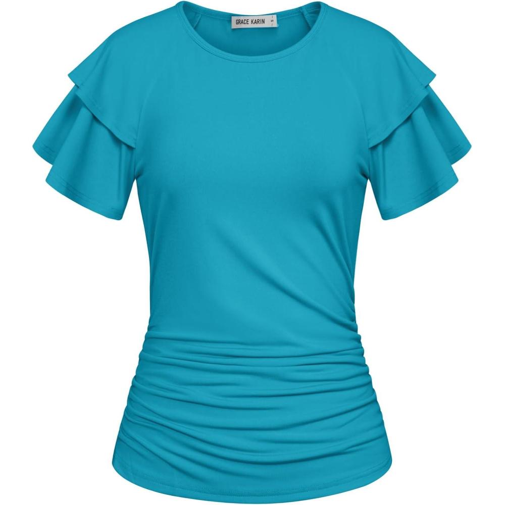 imageGRACE KARIN Summer Tops for Women Dressy Casual Ruffle Short Sleeve Work Shirt 2026 Spring Trendy Ruched Business BlousesPeacock Blue