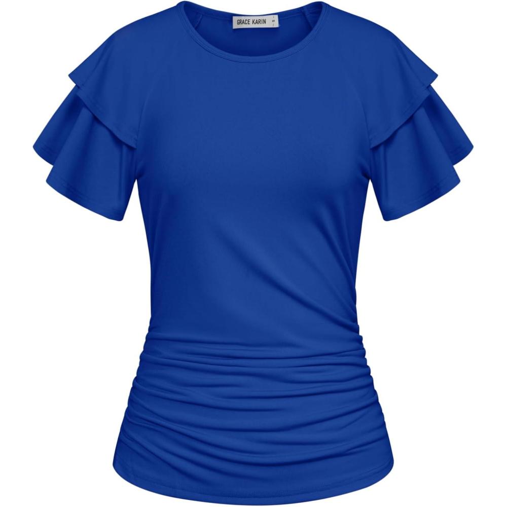 imageGRACE KARIN Summer Tops for Women Dressy Casual Ruffle Short Sleeve Work Shirt 2026 Spring Trendy Ruched Business BlousesRoyal Blue