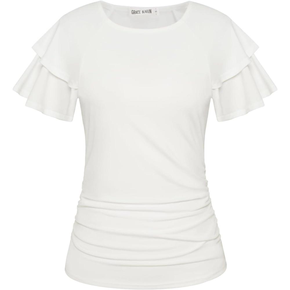 imageGRACE KARIN Summer Tops for Women Dressy Casual Ruffle Short Sleeve Work Shirt 2026 Spring Trendy Ruched Business BlousesWhite