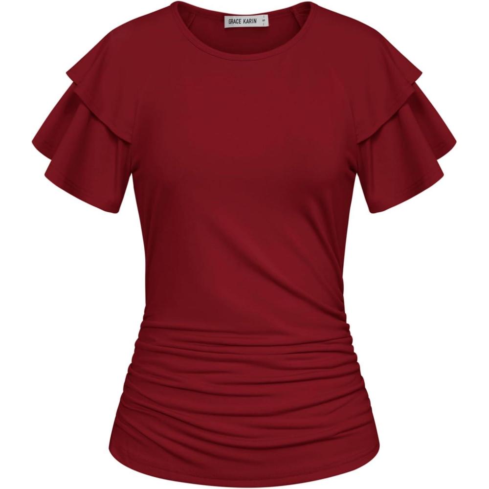 imageGRACE KARIN Summer Tops for Women Dressy Casual Ruffle Short Sleeve Work Shirt 2026 Spring Trendy Ruched Business BlousesWine Red