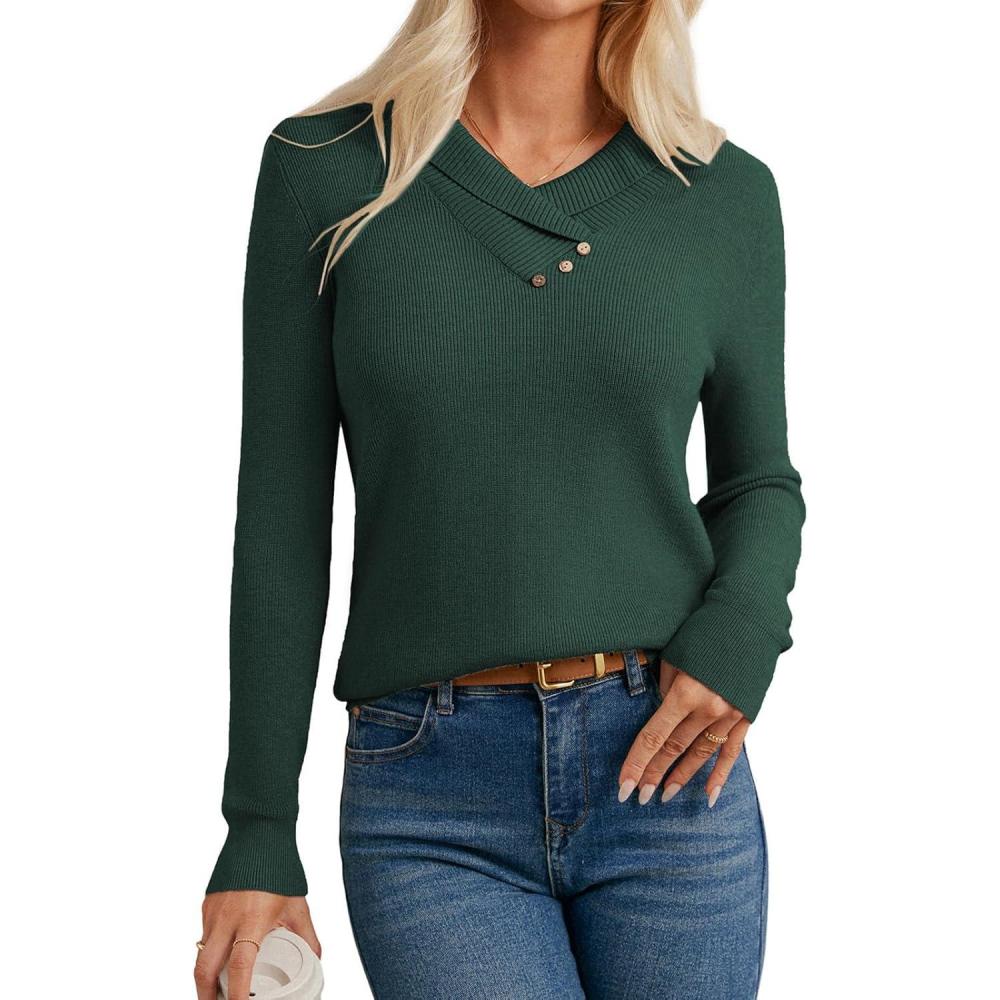 imageGRACE KARIN Sweaters for Women 2026 Fall Fashion Long Sleeve V Neck Collared Knitted Pullover Sweaters Dressy Work TopGreen