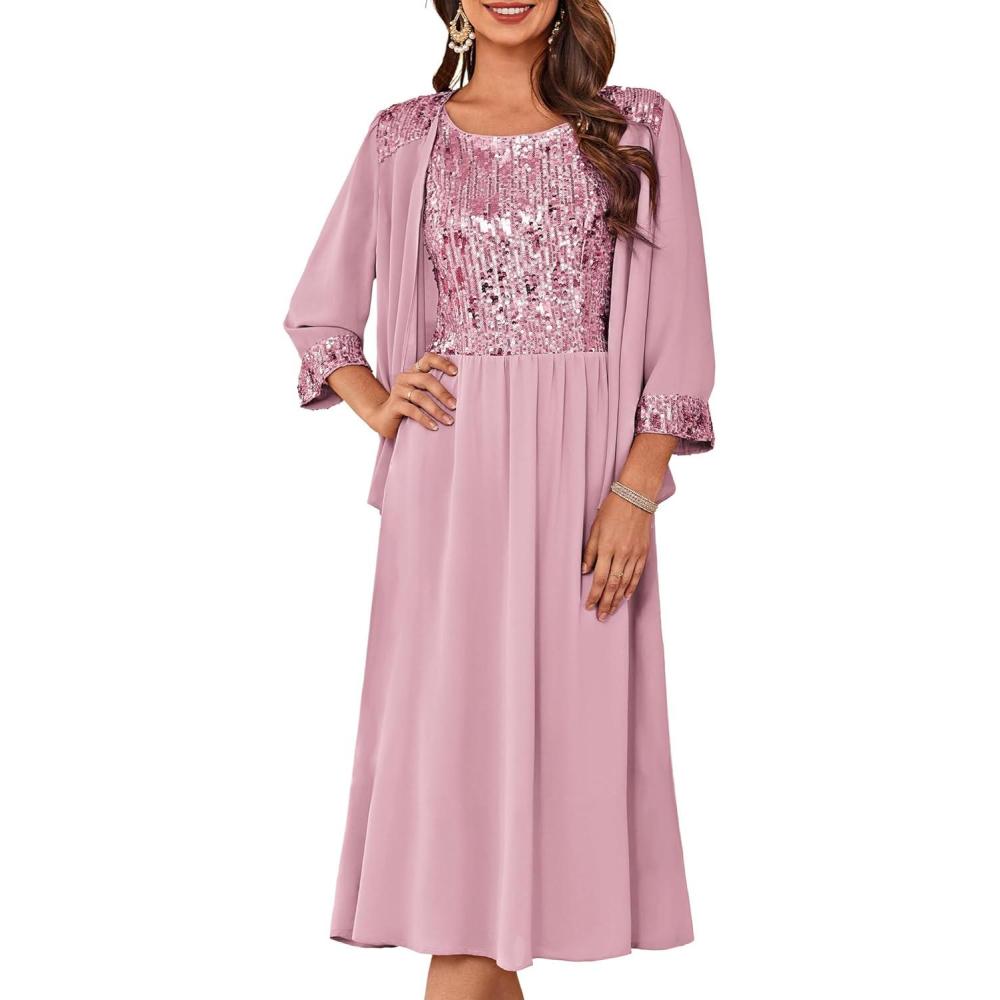 imageGRACE KARIN Wedding Guest Dress Mother of The Bride Dresses Two Piece Formal Sequin Dress with Jacket Tea Length 2025Gray Pink