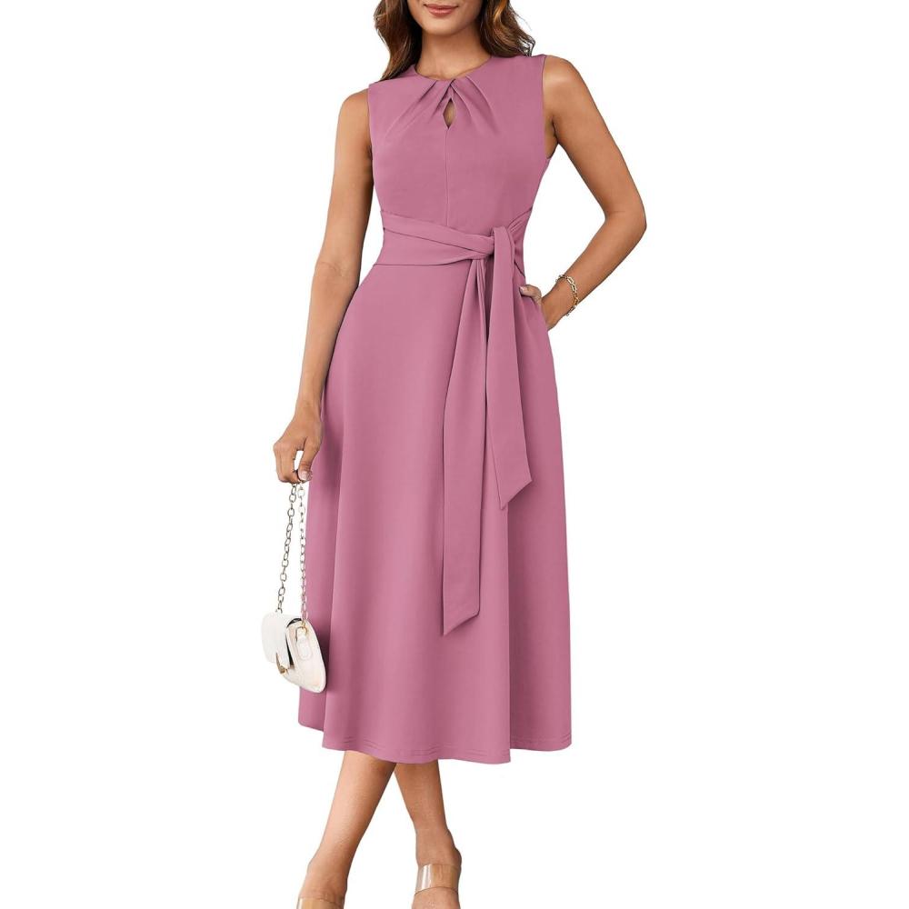 imageGRACE KARIN Women 2025 Summer Work Dress Sleeveless Tie Waist Elegant Party Cocktail A Line Flowy Midi Dresses with PocketsPurple Pink