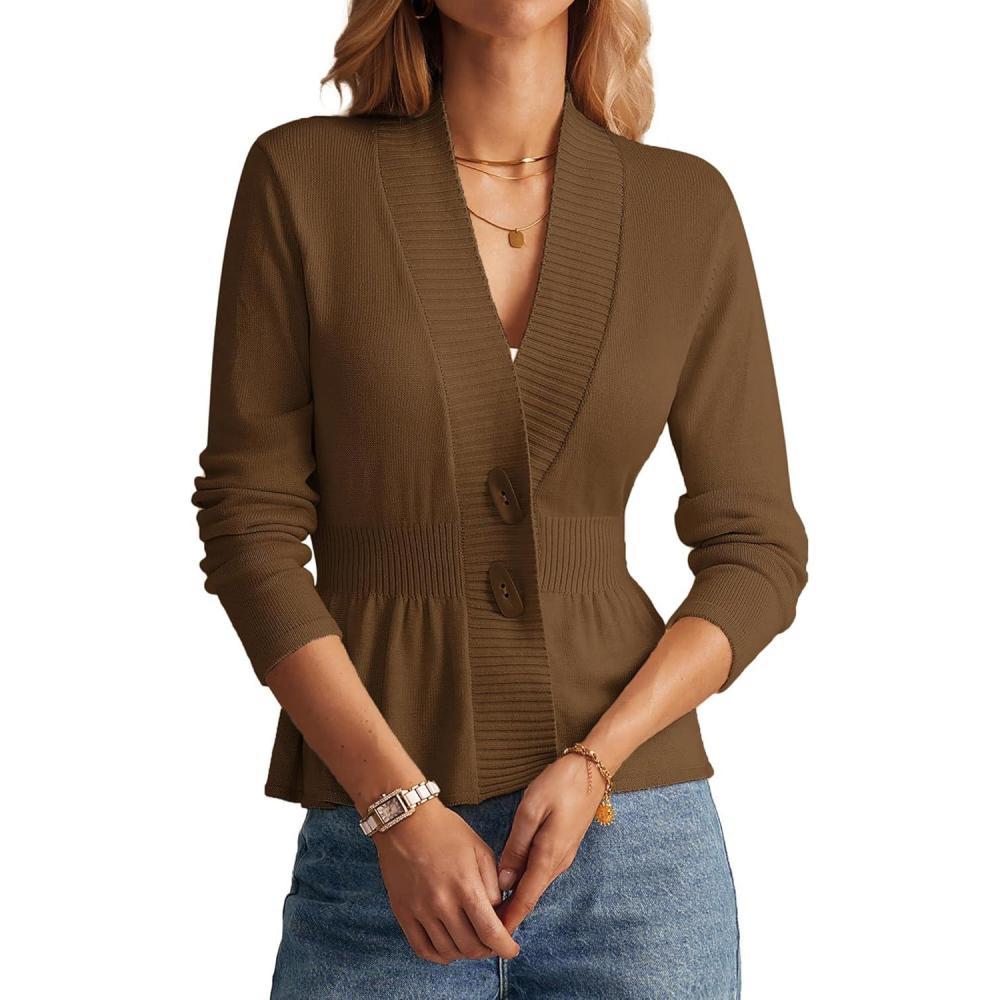 imageGRACE KARIN Women Cardigan Sweaters 2025 FallLong Sleeve Cropped Sweater Coat TrendyButton Front Peplum Tops LightweightBrown