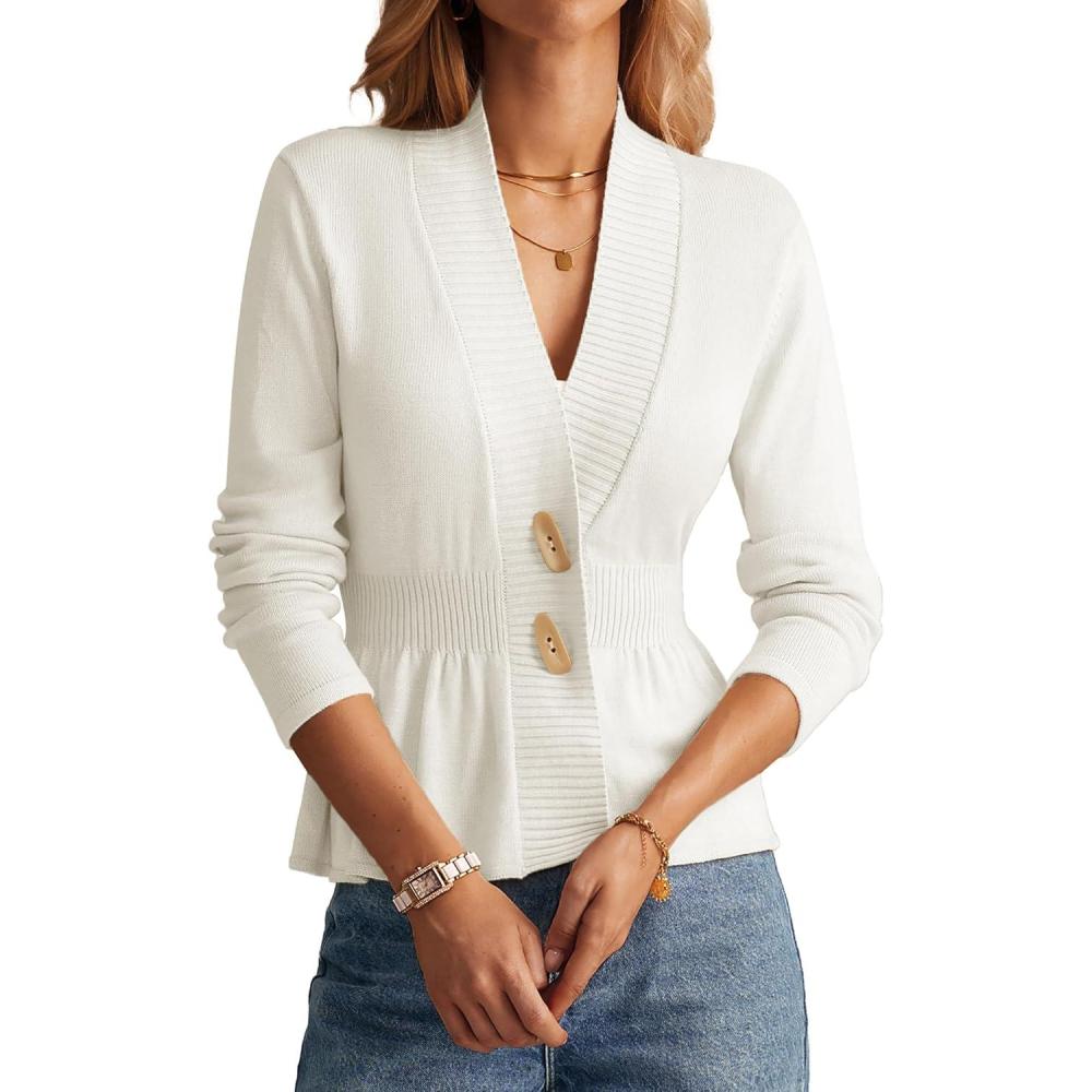 imageGRACE KARIN Women Cardigan Sweaters 2025 FallLong Sleeve Cropped Sweater Coat TrendyButton Front Peplum Tops LightweightWhite