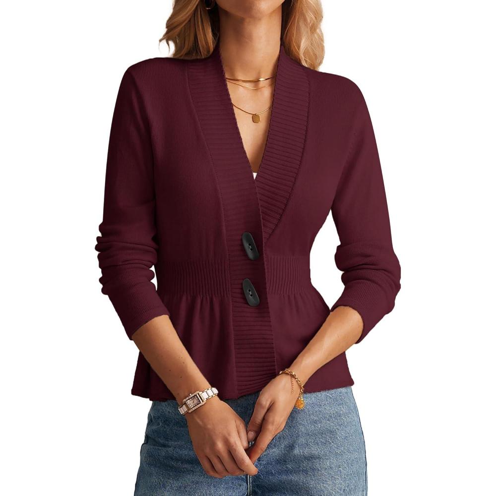 imageGRACE KARIN Women Cardigan Sweaters 2025 FallLong Sleeve Cropped Sweater Coat TrendyButton Front Peplum Tops LightweightWine Red