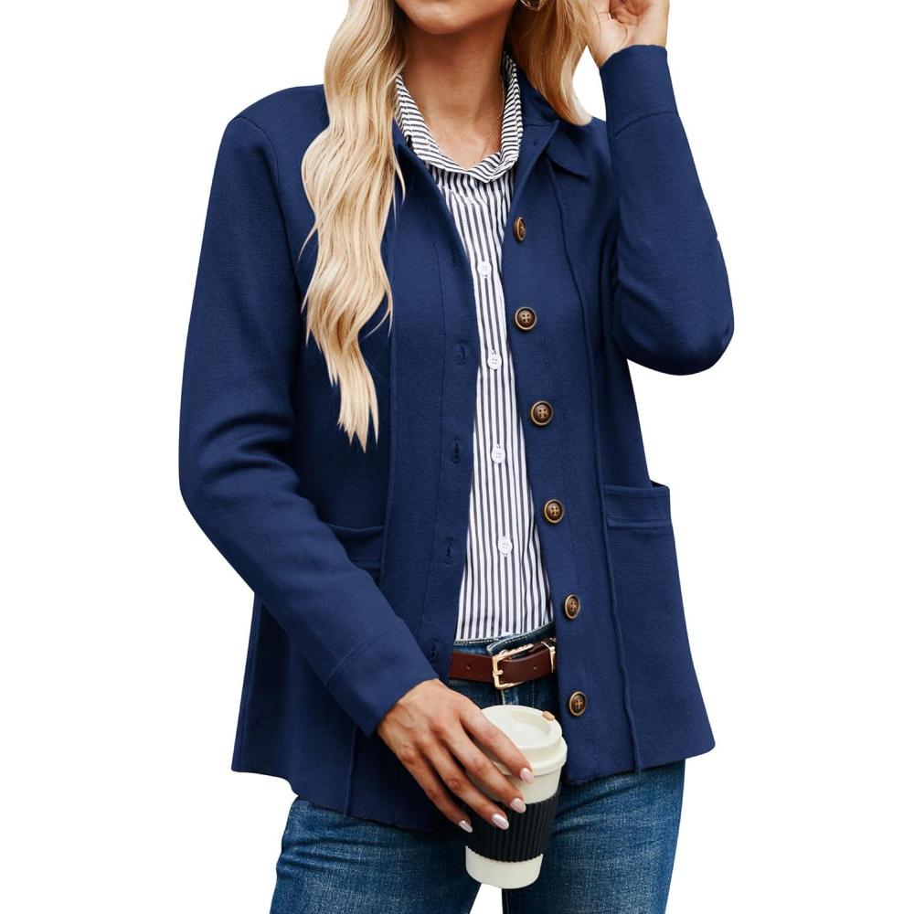 imageGRACE KARIN Women Casual Cardigan Knit Button Down Jacket Long Sleeve Sweater Blazer with PocketsNavy Blue