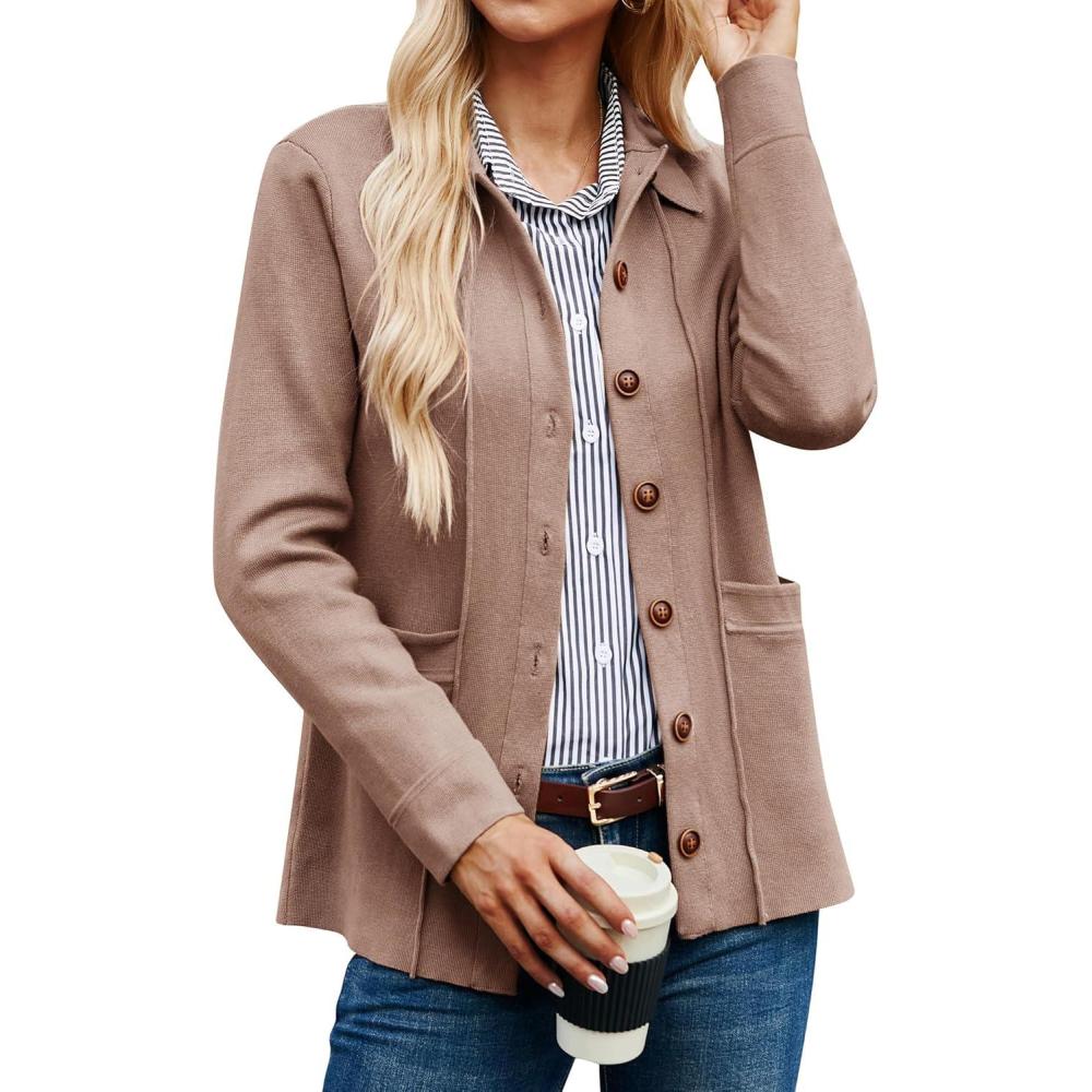 imageGRACE KARIN Women Casual Cardigan Knit Button Down Jacket Long Sleeve Sweater Blazer with PocketsReddish Brown