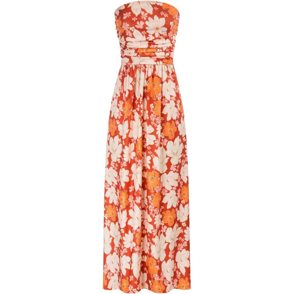 imageGRACE KARIN Women Strapless Dress Casual Loose Ruched Long Maxi Dress with PocketsApricot Flower
