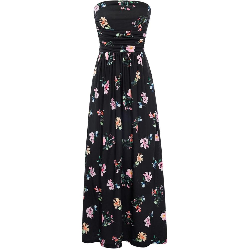 imageGRACE KARIN Women Strapless Dress Casual Loose Ruched Long Maxi Dress with PocketsBlack Floral