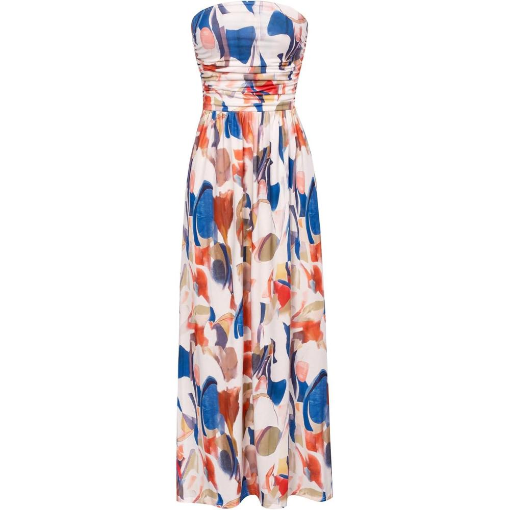 imageGRACE KARIN Women Strapless Dress Casual Loose Ruched Long Maxi Dress with PocketsBlue Brown