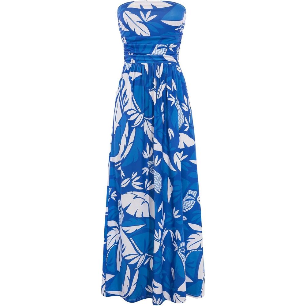 imageGRACE KARIN Women Strapless Dress Casual Loose Ruched Long Maxi Dress with PocketsBlue Coconut Tree