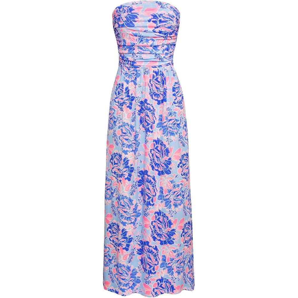 imageGRACE KARIN Women Strapless Dress Casual Loose Ruched Long Maxi Dress with PocketsBlue Floral