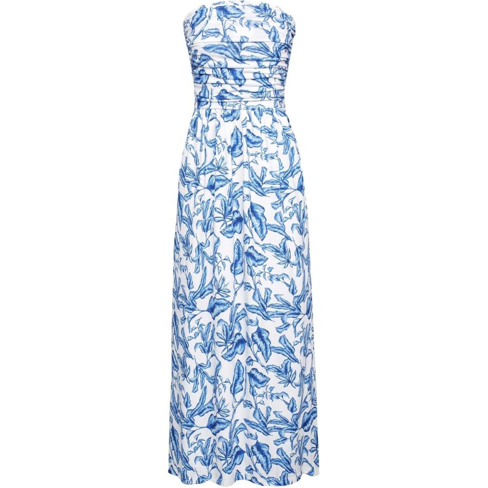 imageGRACE KARIN Women Strapless Dress Casual Loose Ruched Long Maxi Dress with PocketsBlue Leaves White