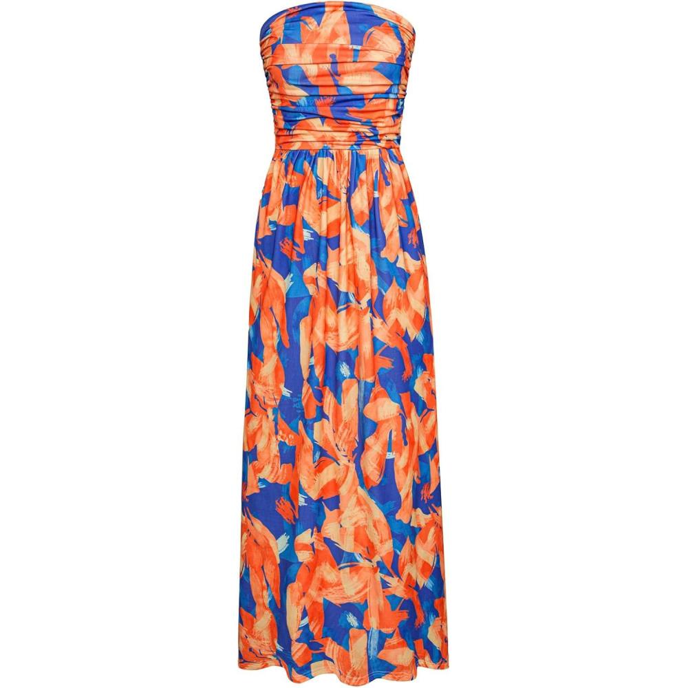 imageGRACE KARIN Women Strapless Dress Casual Loose Ruched Long Maxi Dress with PocketsBlue Orange