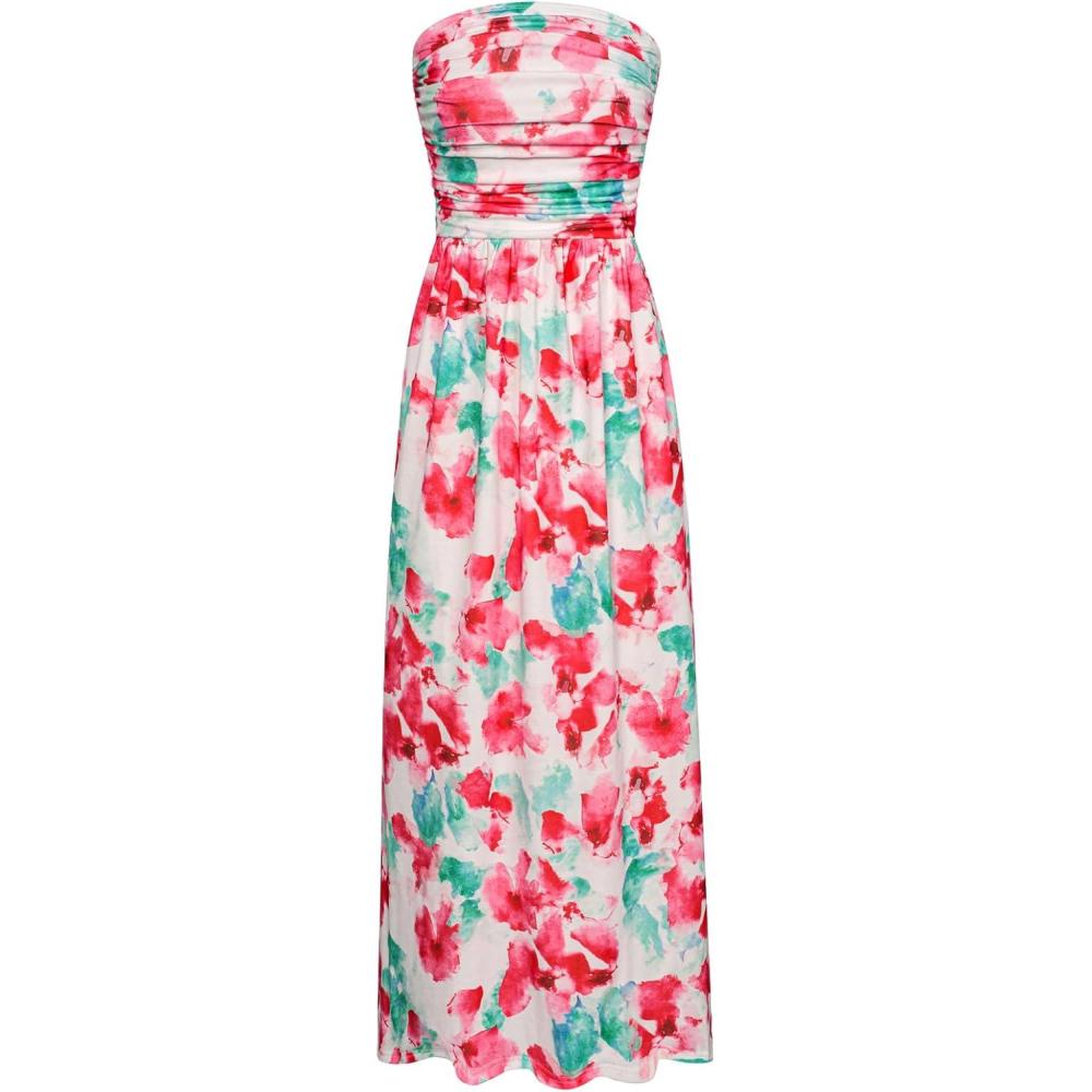 imageGRACE KARIN Women Strapless Dress Casual Loose Ruched Long Maxi Dress with PocketsBlue Pink Flower