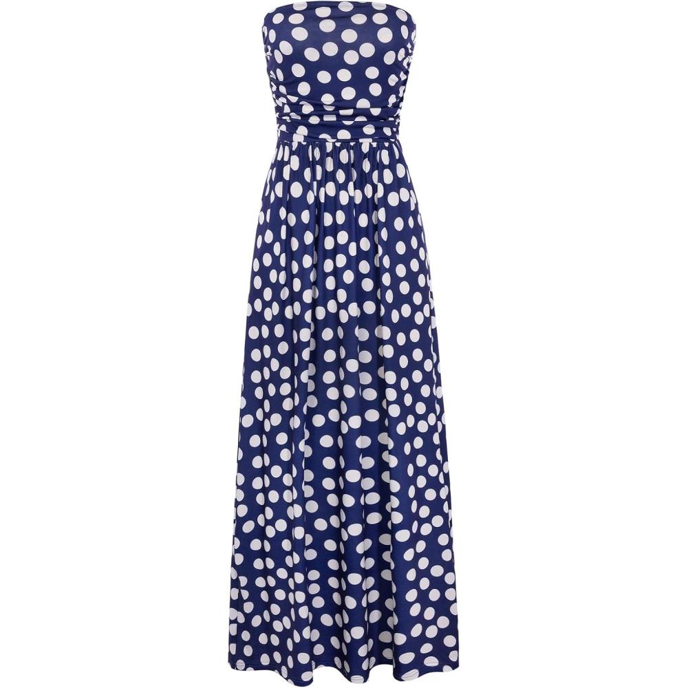 imageGRACE KARIN Women Strapless Dress Casual Loose Ruched Long Maxi Dress with PocketsBlue Polka Dot