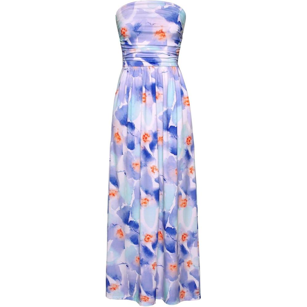 imageGRACE KARIN Women Strapless Dress Casual Loose Ruched Long Maxi Dress with PocketsBlue Purple Floral