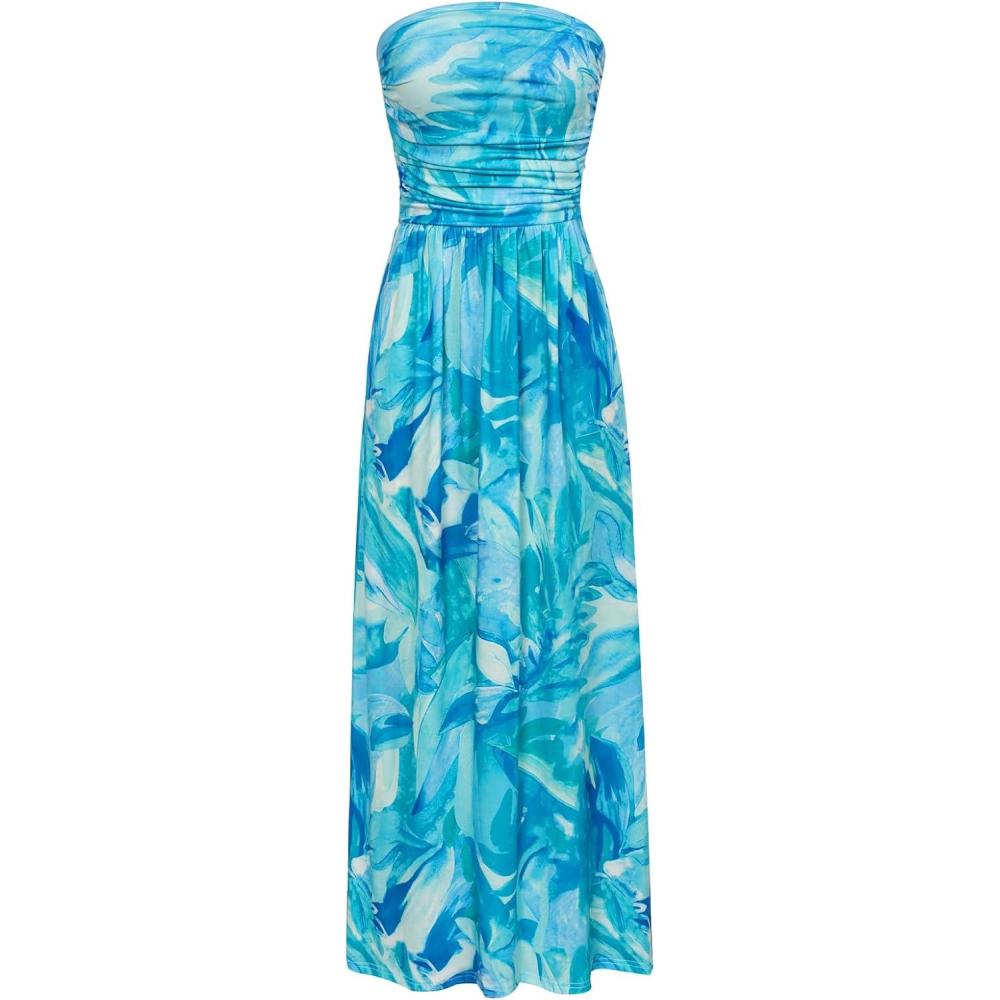 imageGRACE KARIN Women Strapless Dress Casual Loose Ruched Long Maxi Dress with PocketsBlue Watercolor Flower