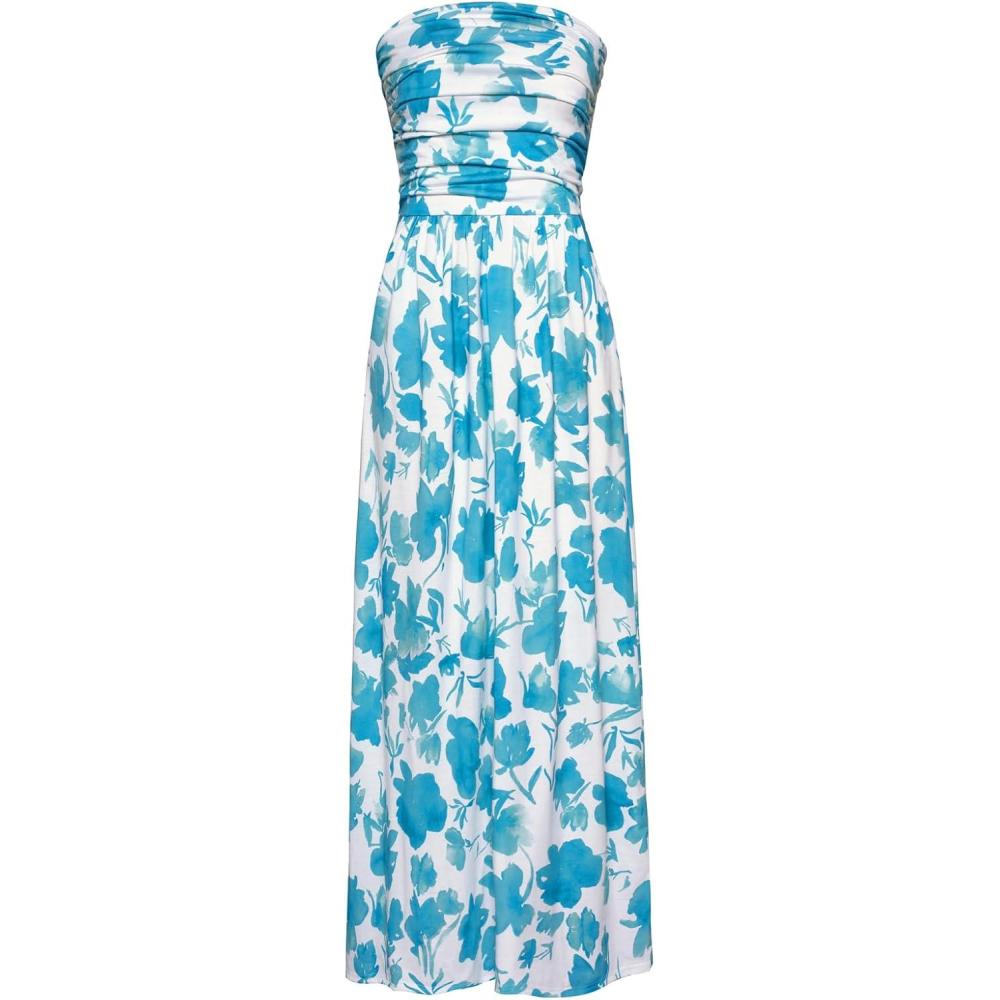 imageGRACE KARIN Women Strapless Dress Casual Loose Ruched Long Maxi Dress with PocketsBlue White Floral