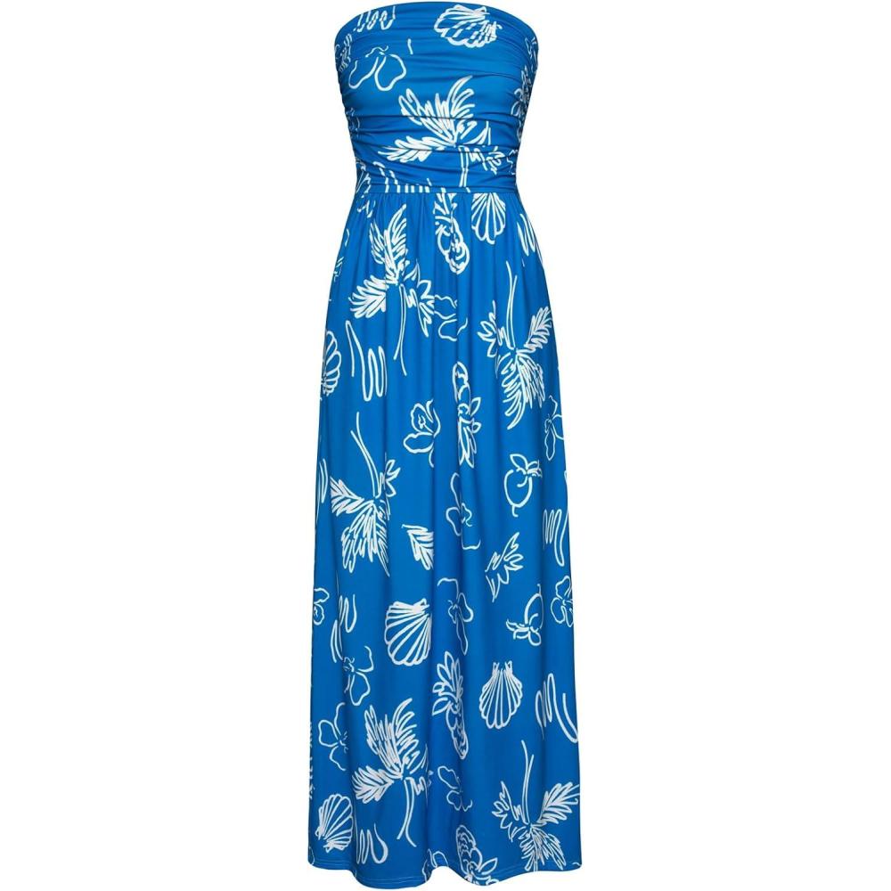 imageGRACE KARIN Women Strapless Dress Casual Loose Ruched Long Maxi Dress with PocketsBlue White Ocean