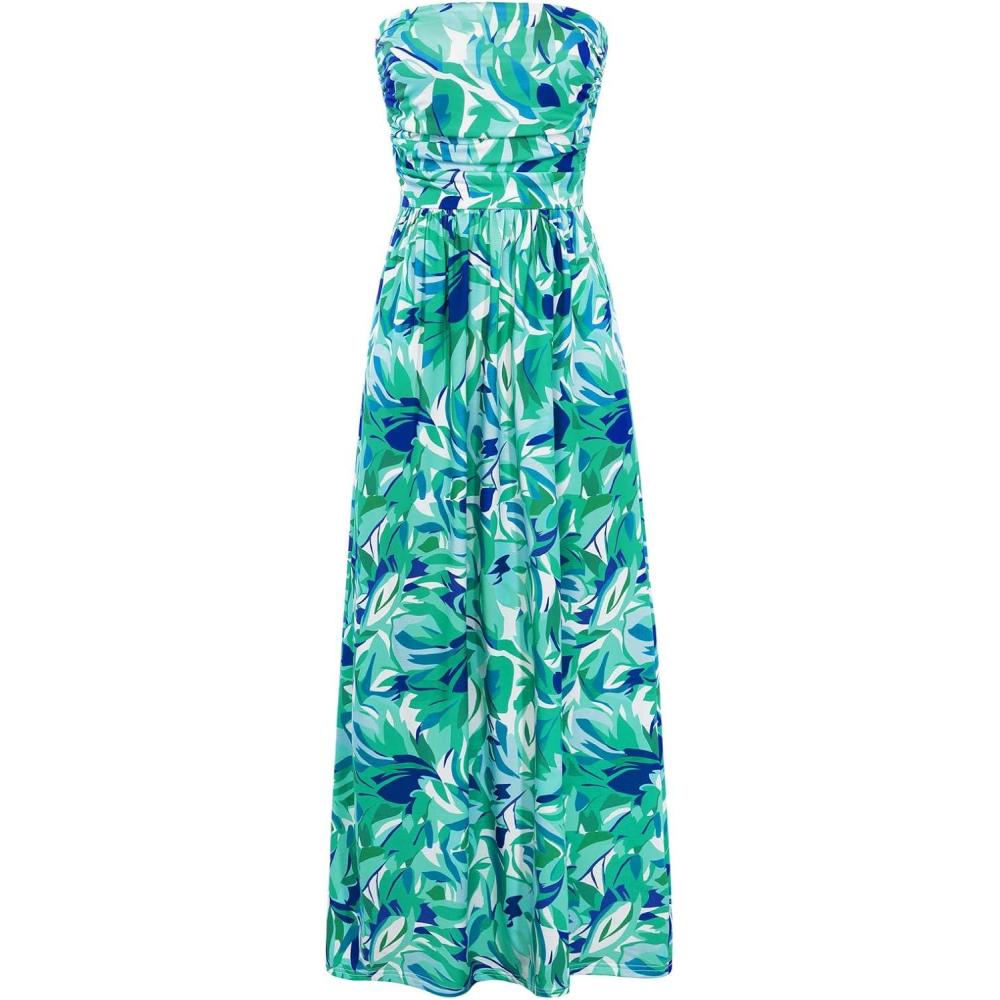 imageGRACE KARIN Women Strapless Dress Casual Loose Ruched Long Maxi Dress with PocketsFloral Green