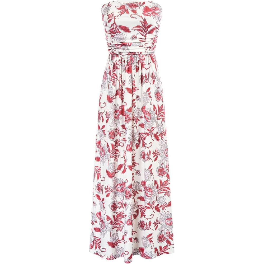 imageGRACE KARIN Women Strapless Dress Casual Loose Ruched Long Maxi Dress with PocketsFloral Pink