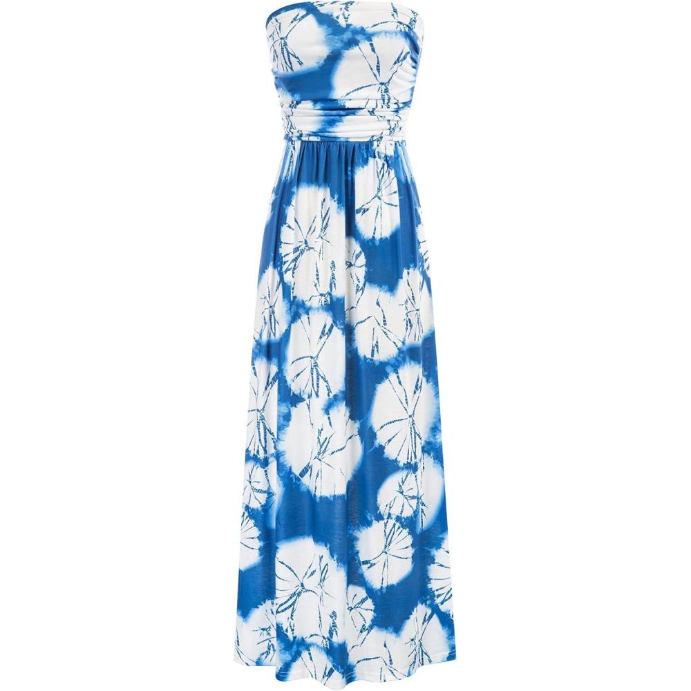 imageGRACE KARIN Women Strapless Dress Casual Loose Ruched Long Maxi Dress with PocketsFloral Tie Dye