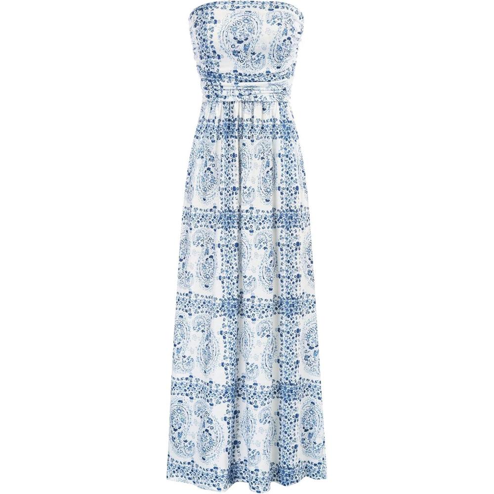 imageGRACE KARIN Women Strapless Dress Casual Loose Ruched Long Maxi Dress with PocketsFloral White