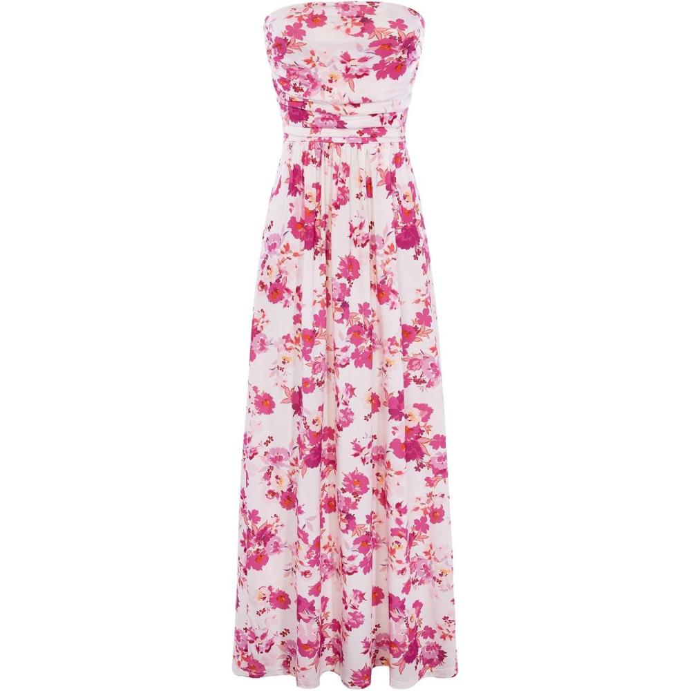 imageGRACE KARIN Women Strapless Dress Casual Loose Ruched Long Maxi Dress with PocketsFlower Pink