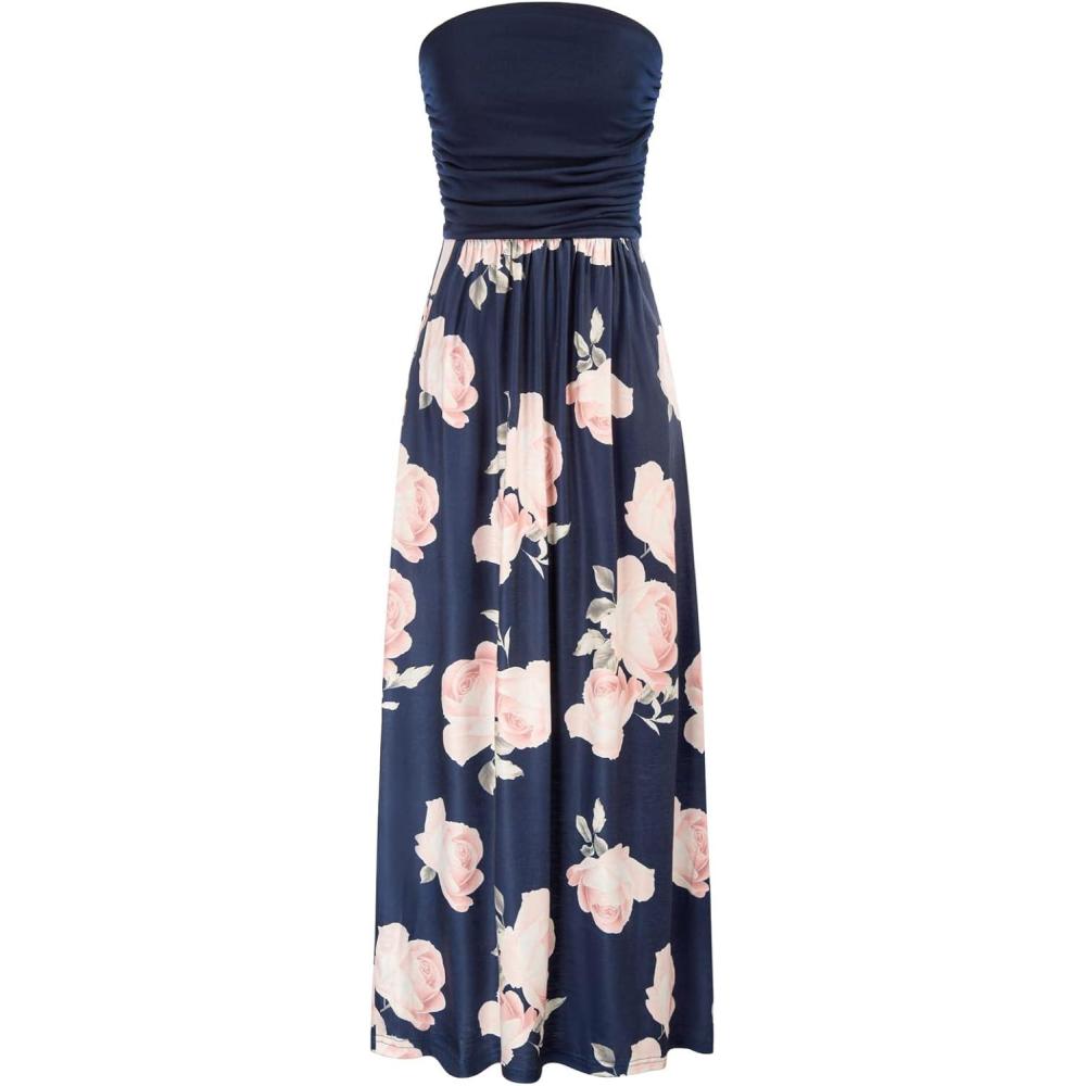 imageGRACE KARIN Women Strapless Dress Casual Loose Ruched Long Maxi Dress with PocketsNavy Pink Flower