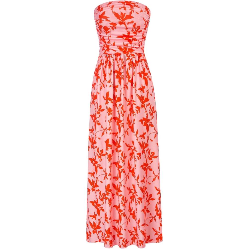 imageGRACE KARIN Women Strapless Dress Casual Loose Ruched Long Maxi Dress with PocketsOrange Leaf