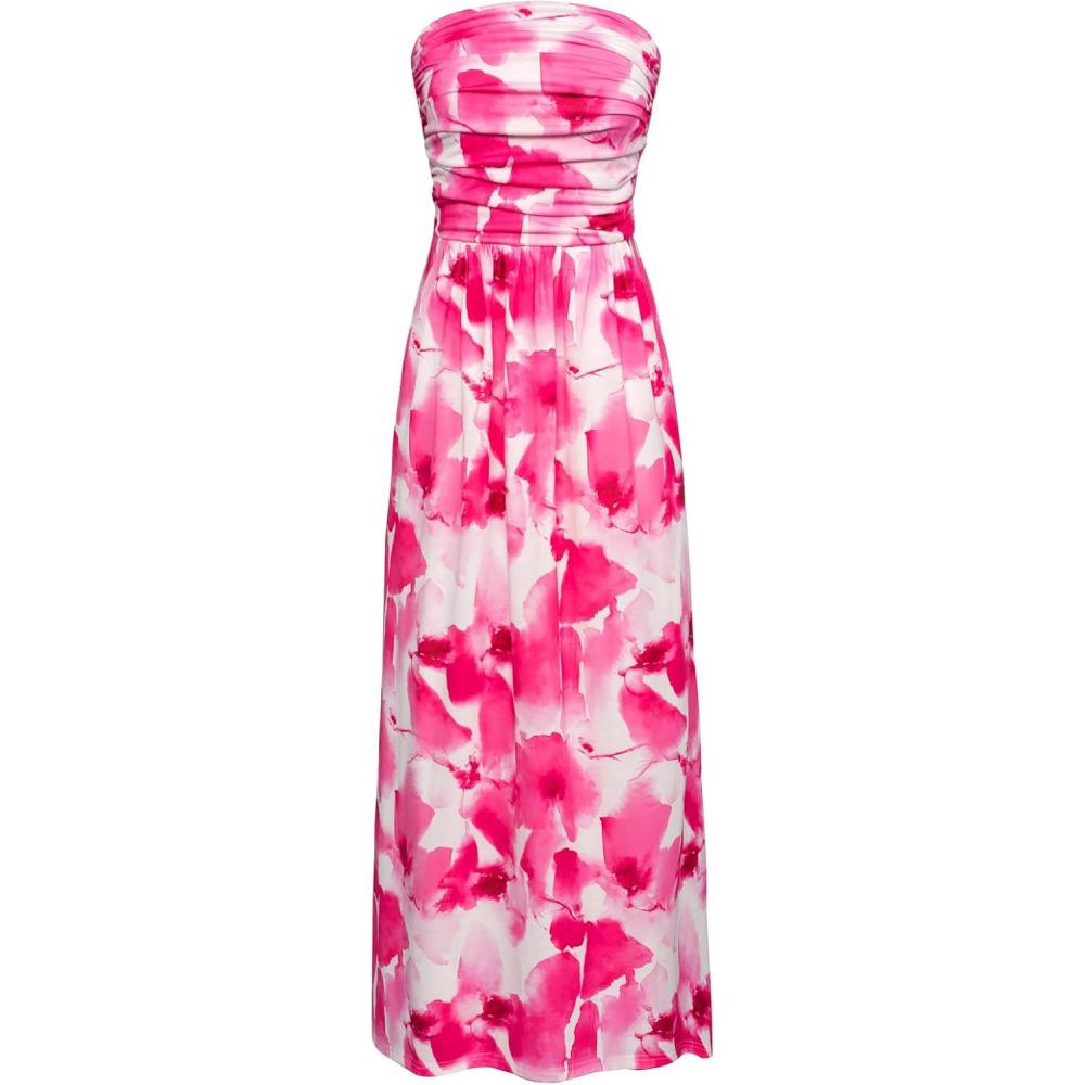 imageGRACE KARIN Women Strapless Dress Casual Loose Ruched Long Maxi Dress with PocketsPink Flower